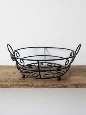 Black Wrought Iron Basket with Loop Handles Scrollwork Ball Footed Centerpiece